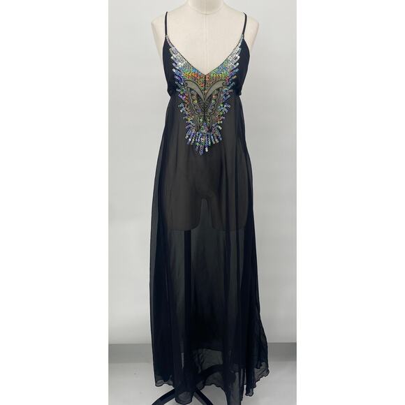 Vintage Y2k Iridescent Sequin Butterfly Nightgown Sheer Maxi Black Womens 2/4 - Picture 3 of 12